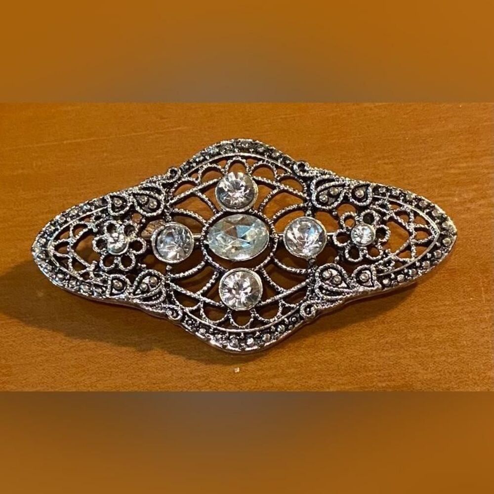 Silver Tone Clear Rhinestone Filigree Flower Brooch Pin Statement 2.25” Vintage